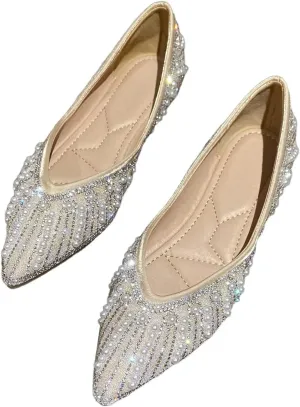 HuangTaiJi Qing Women's Pearl Rhinestone Pointed Toe Ballet Flats Dressy Comfortable Flat Shoes Slip-On Loafers Elegant Shoes