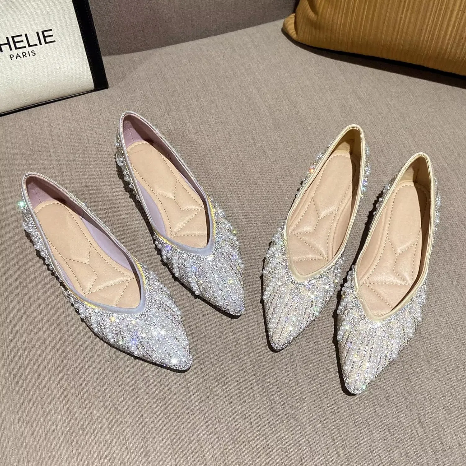HuangTaiJi Qing Women's Pearl Rhinestone Pointed Toe Ballet Flats Dressy Comfortable Flat Shoes Slip-On Loafers Elegant Shoes