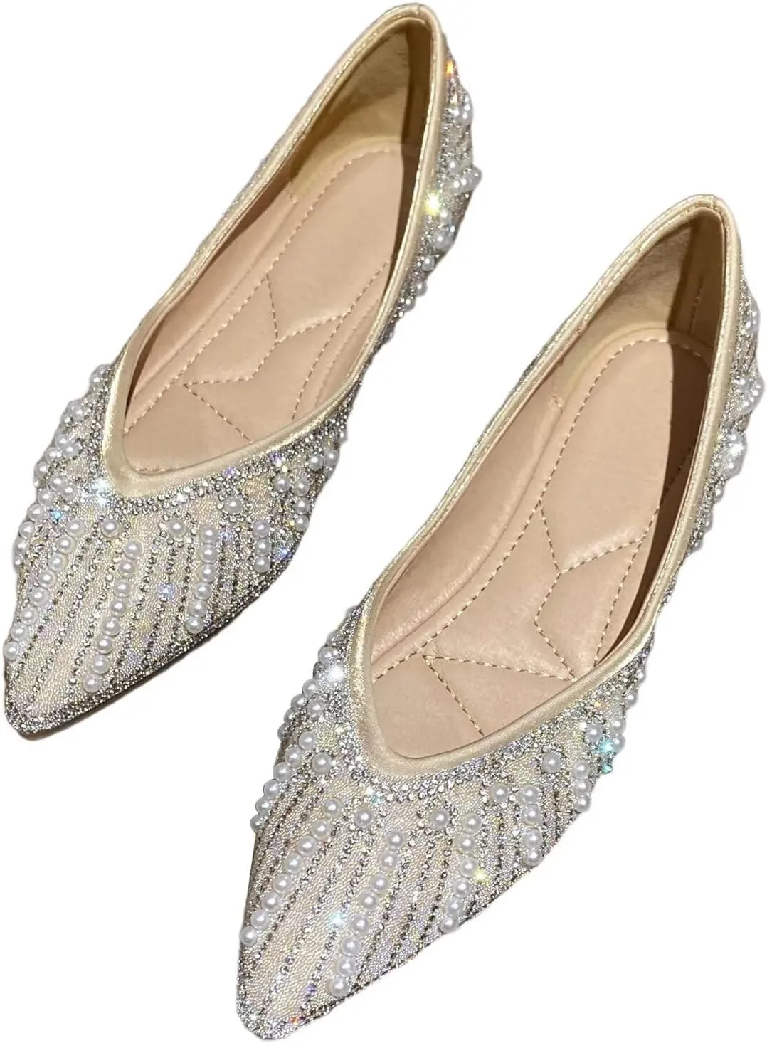 HuangTaiJi Qing Women's Pearl Rhinestone Pointed Toe Ballet Flats Dressy Comfortable Flat Shoes Slip-On Loafers Elegant Shoes