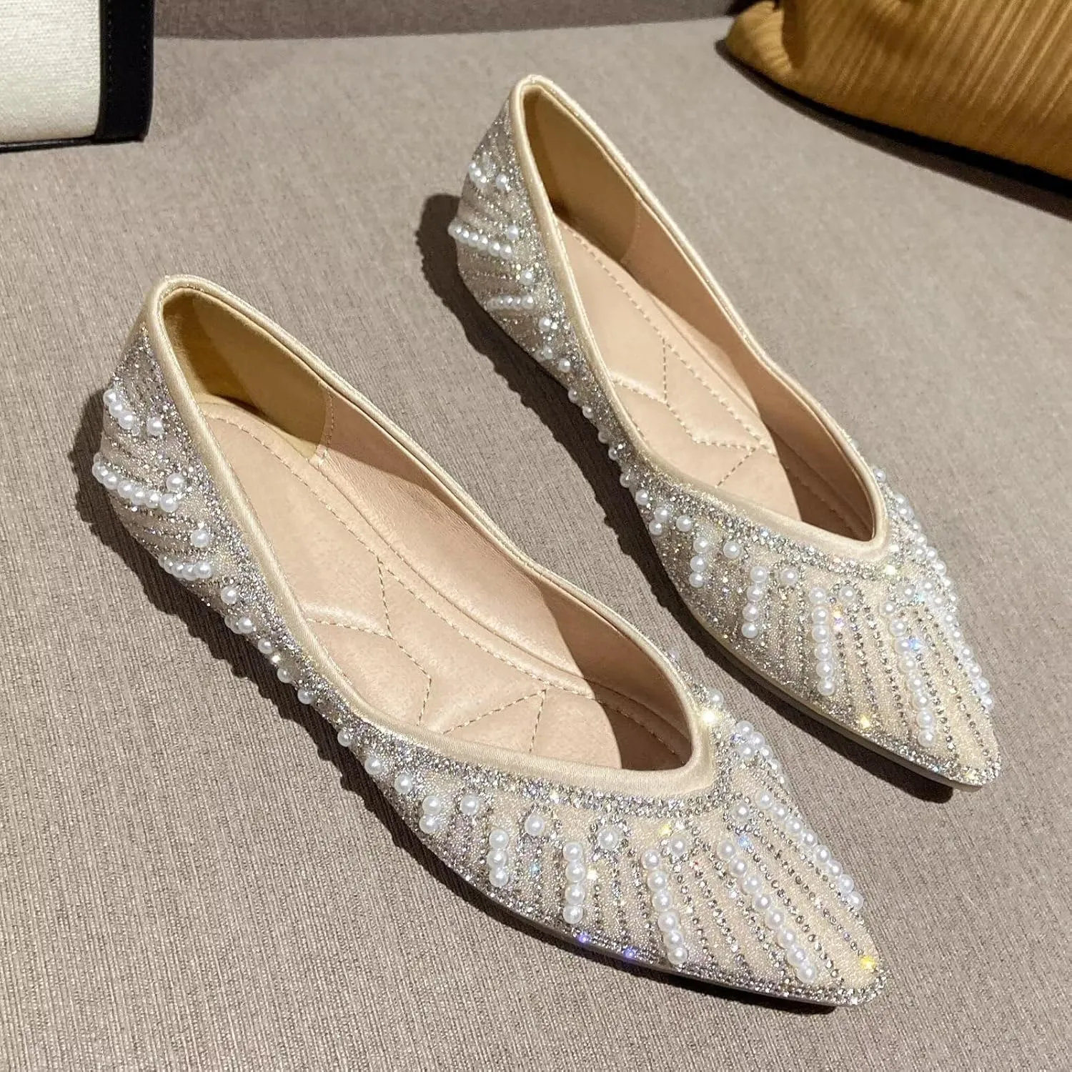 HuangTaiJi Qing Women's Pearl Rhinestone Pointed Toe Ballet Flats Dressy Comfortable Flat Shoes Slip-On Loafers Elegant Shoes