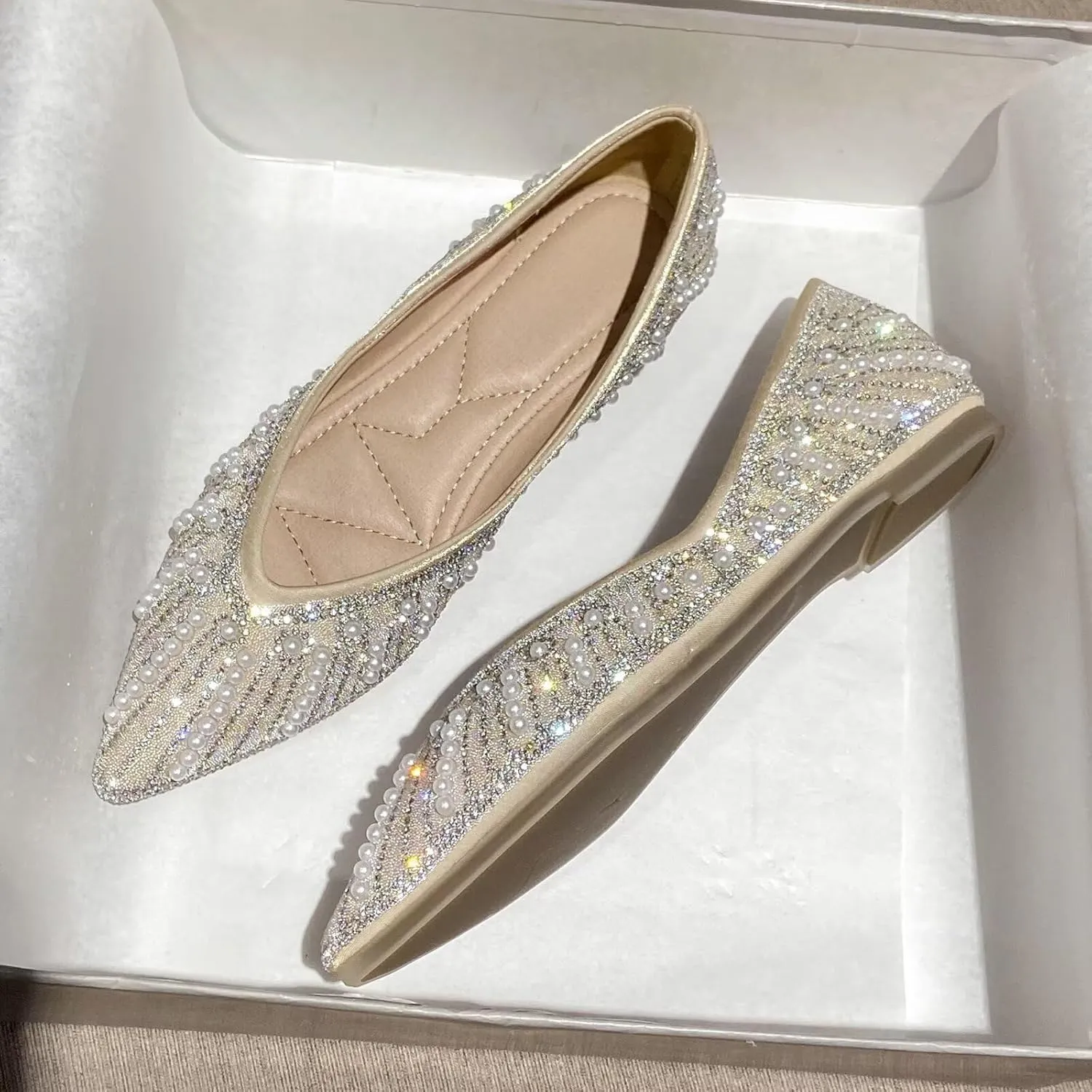 HuangTaiJi Qing Women's Pearl Rhinestone Pointed Toe Ballet Flats Dressy Comfortable Flat Shoes Slip-On Loafers Elegant Shoes