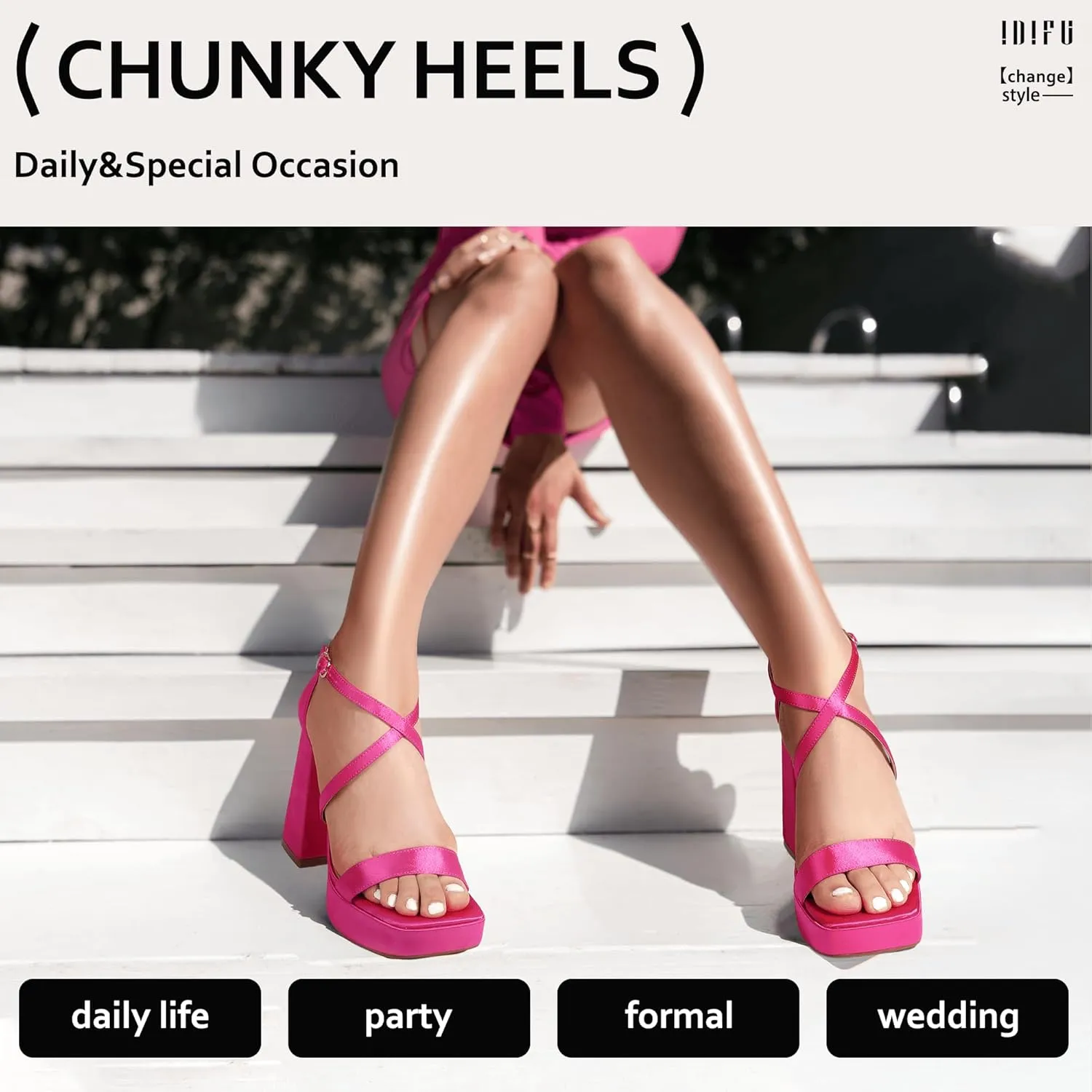 IDIFU IN4 Platform Heels for Women - High Strappy Chunky Block Square Toe Sexy Wedding Dress Shoes - Open Toe Ankle Strap Heeled Sandals - Comfortable Thick Heels - Half Size Larger