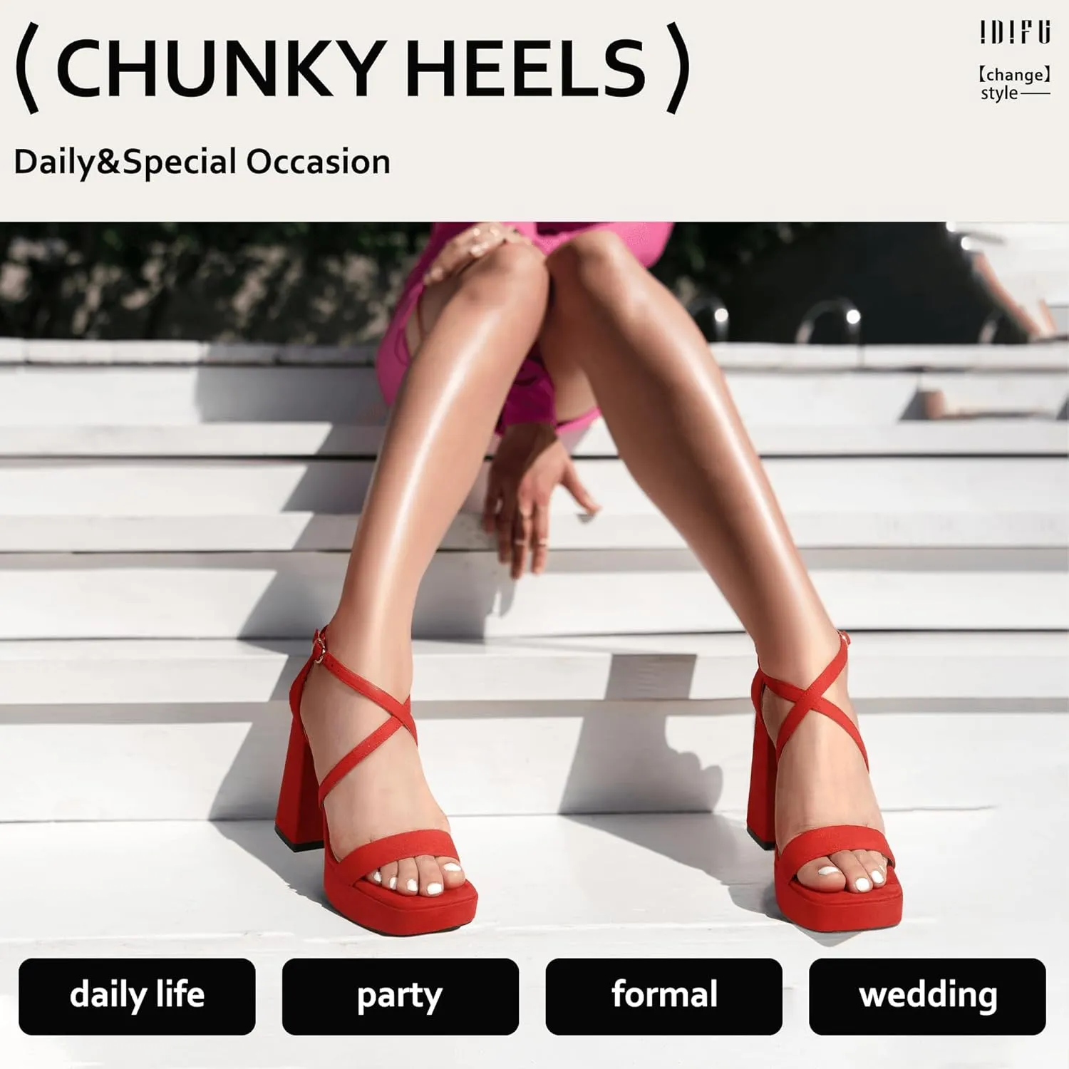 IDIFU IN4 Platform Heels for Women - High Strappy Chunky Block Square Toe Sexy Wedding Dress Shoes - Open Toe Ankle Strap Heeled Sandals - Comfortable Thick Heels - Half Size Larger