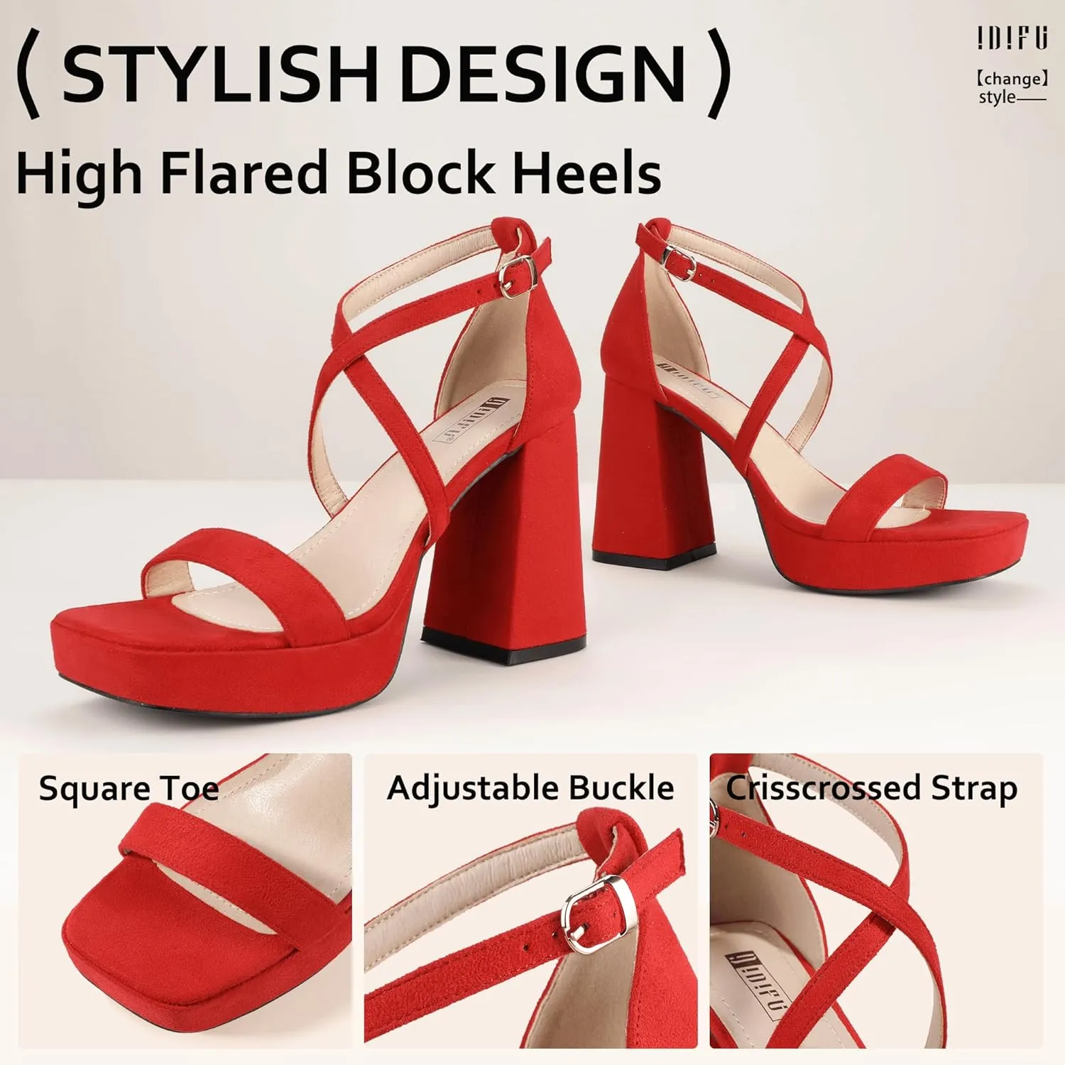 IDIFU IN4 Platform Heels for Women - High Strappy Chunky Block Square Toe Sexy Wedding Dress Shoes - Open Toe Ankle Strap Heeled Sandals - Comfortable Thick Heels - Half Size Larger