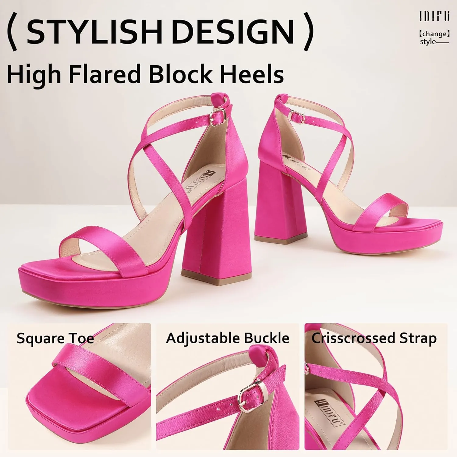IDIFU IN4 Platform Heels for Women - High Strappy Chunky Block Square Toe Sexy Wedding Dress Shoes - Open Toe Ankle Strap Heeled Sandals - Comfortable Thick Heels - Half Size Larger