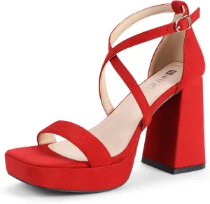IDIFU IN4 Platform Heels for Women - High Strappy Chunky Block Square Toe Sexy Wedding Dress Shoes - Open Toe Ankle Strap Heeled Sandals - Comfortable Thick Heels - Half Size Larger