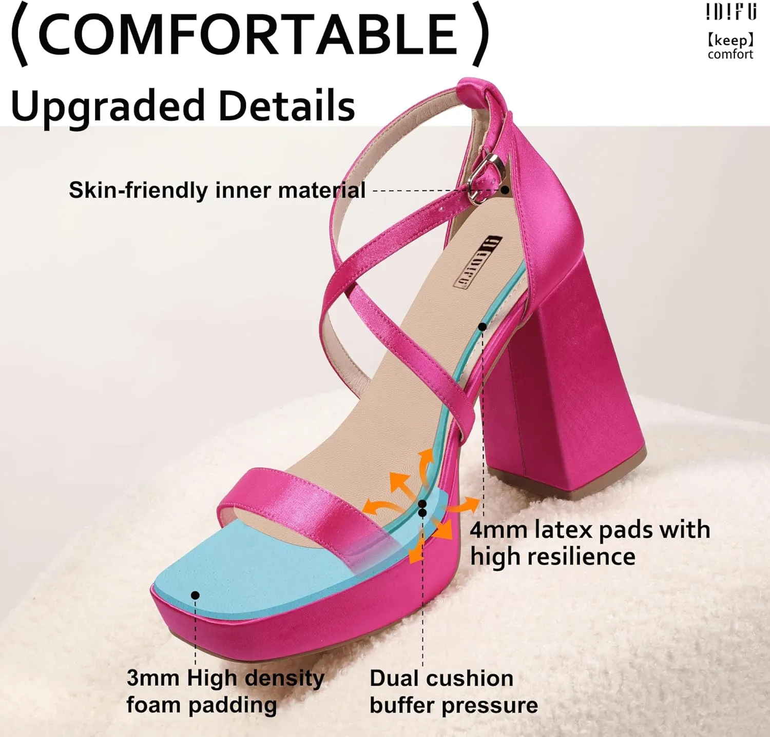 IDIFU IN4 Platform Heels for Women - High Strappy Chunky Block Square Toe Sexy Wedding Dress Shoes - Open Toe Ankle Strap Heeled Sandals - Comfortable Thick Heels - Half Size Larger