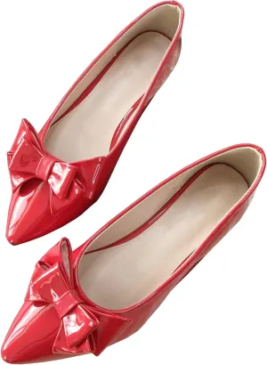 INEELUYI Women's Patent Leather Pointy Toe Slip on Ballets Flats Candy Color Bowtie Bowknot Flats Shoes
