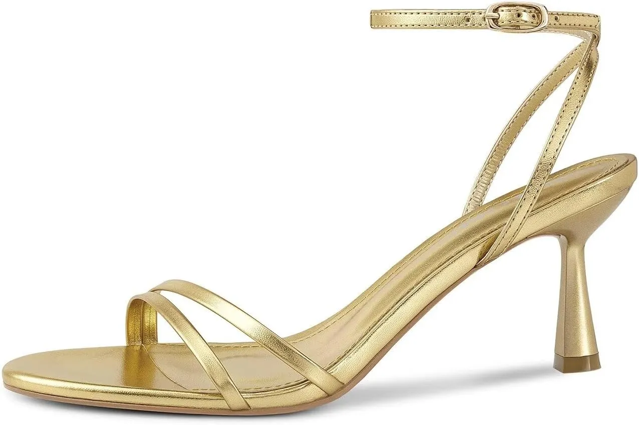 ISNOM Womens Sandals Round Toe Low Heels Strappy Ankle Strap Kitten Heel Comfort Dress Party Shoes