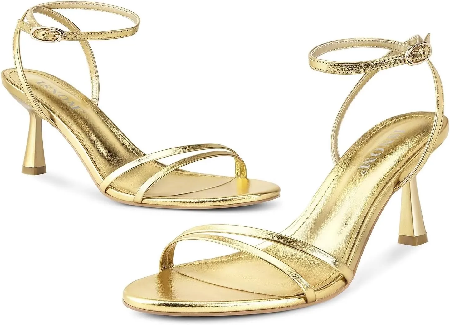 ISNOM Womens Sandals Round Toe Low Heels Strappy Ankle Strap Kitten Heel Comfort Dress Party Shoes
