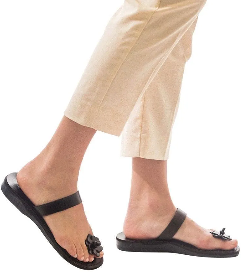 Jerusalem Sandals Esther - Leather Flower Flip Flops - Womens Sandals
