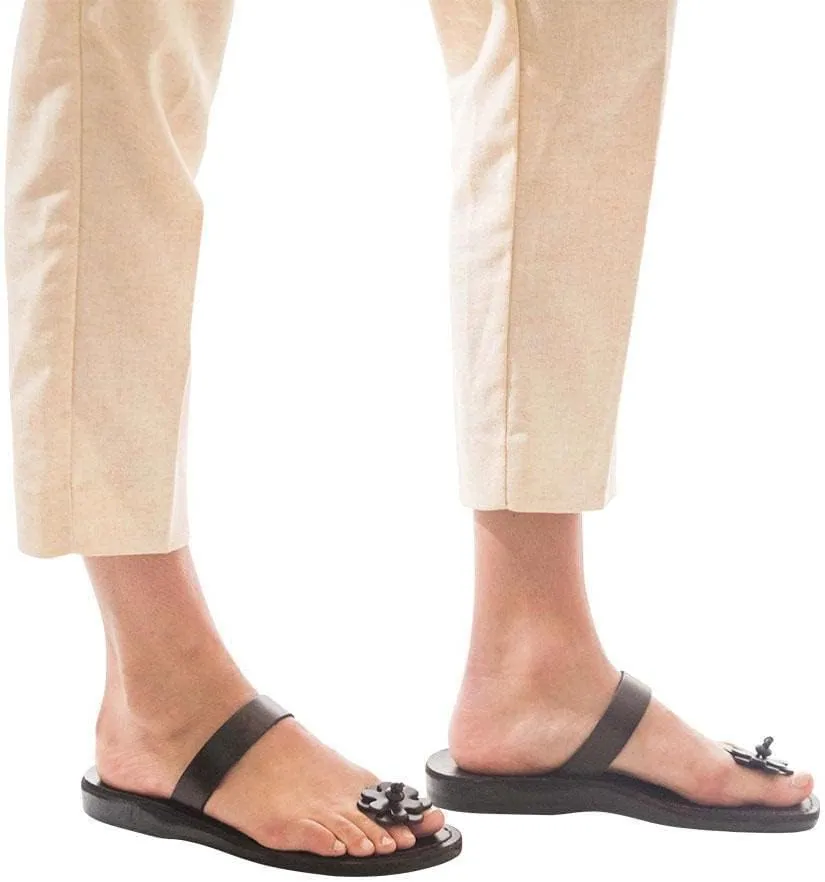 Jerusalem Sandals Esther - Leather Flower Flip Flops - Womens Sandals