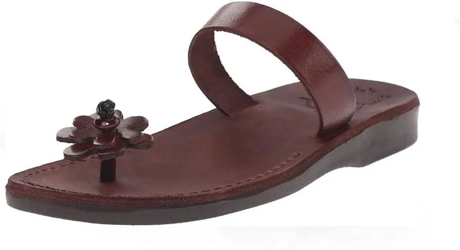 Jerusalem Sandals Esther - Leather Flower Flip Flops - Womens Sandals