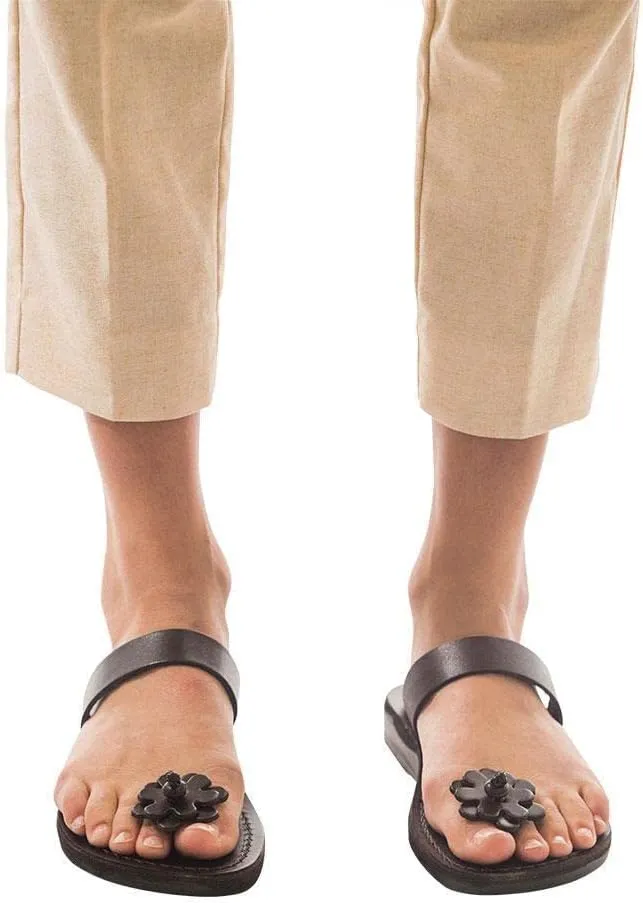 Jerusalem Sandals Esther - Leather Flower Flip Flops - Womens Sandals