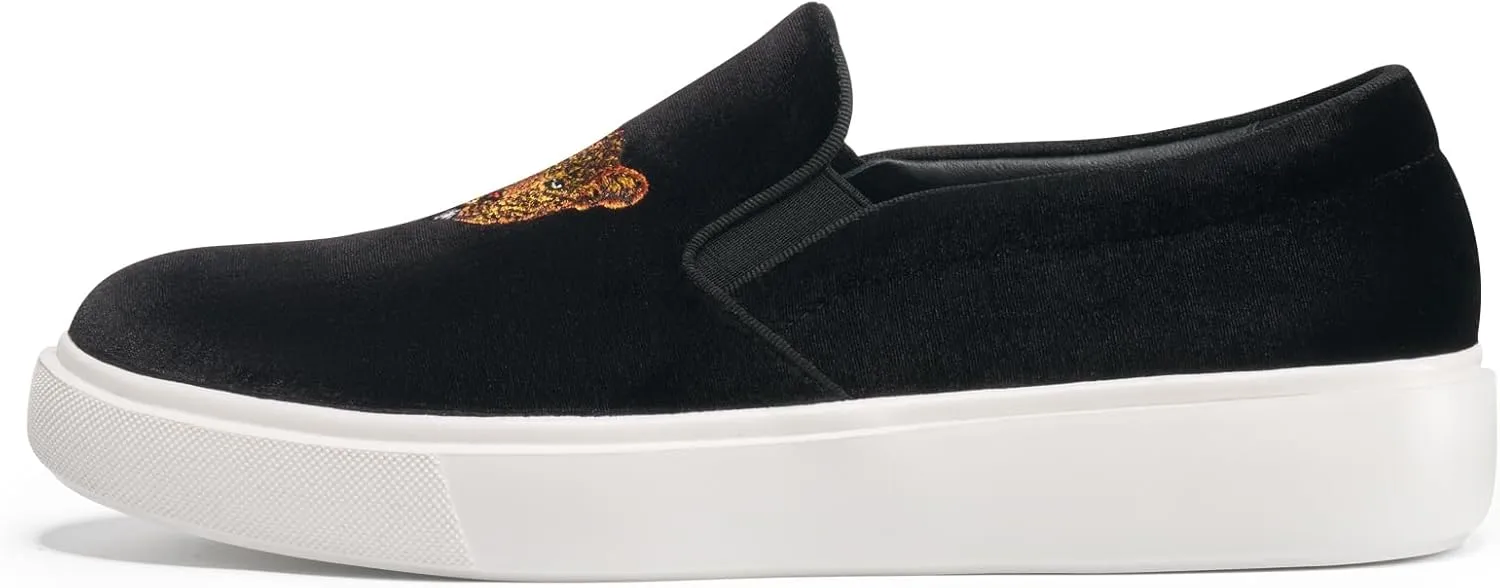 Journey West Men's Fashion Velvet Sneakers with Embroidery Comfortable Slip-On Walking Shoes for Men