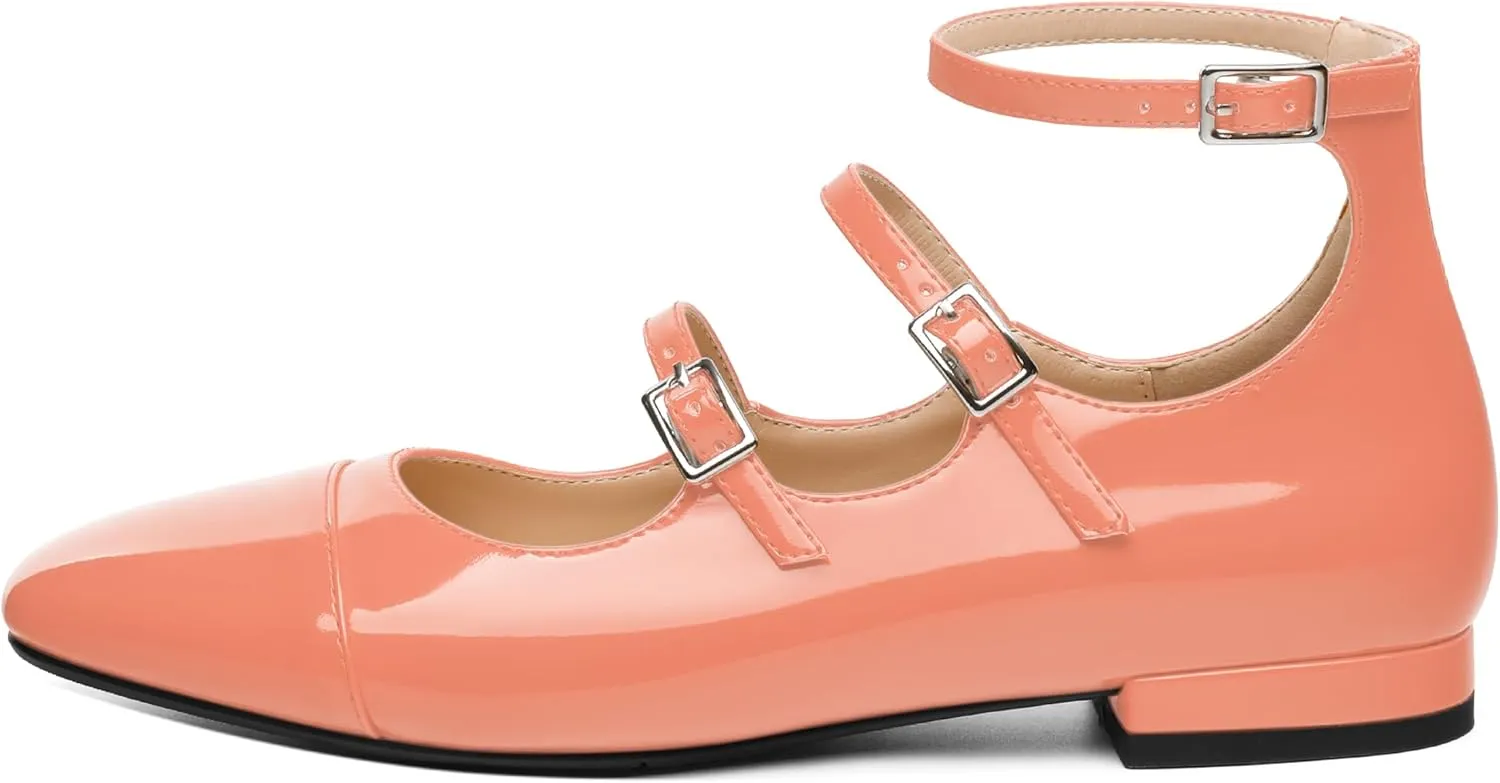 JUSTDANNI Flats for Women Mary Jane Shoes with Round Toe Low Chunky Block Heels Fashion Patent Ankle Strap Pumps for Wedding Party Dating Work
