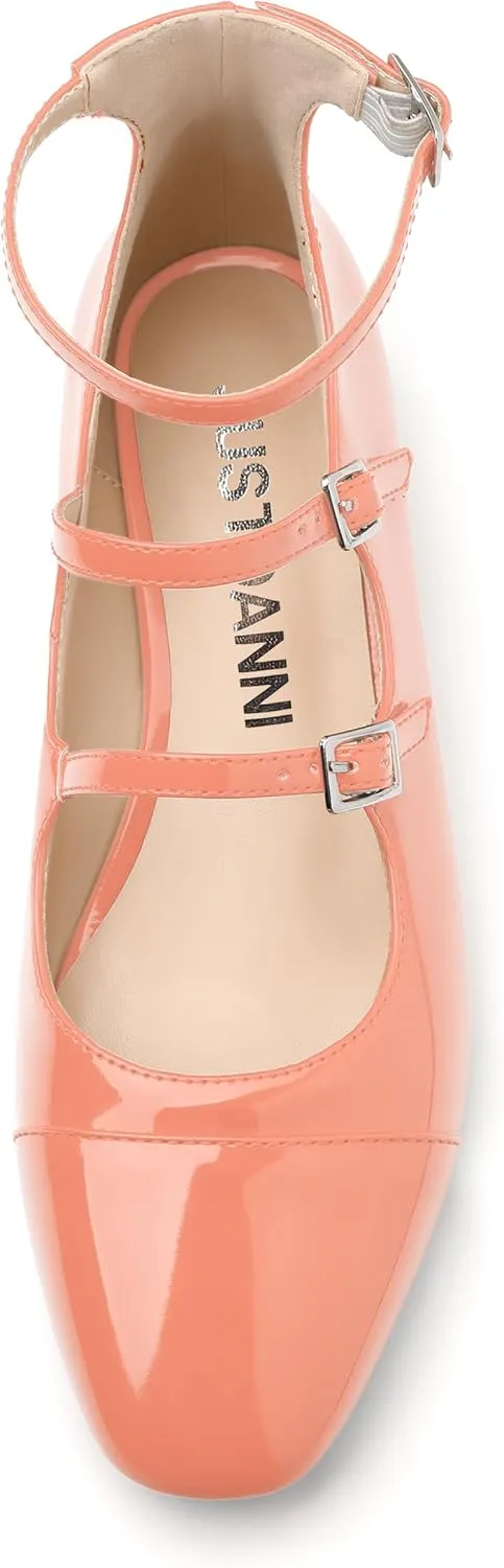 JUSTDANNI Flats for Women Mary Jane Shoes with Round Toe Low Chunky Block Heels Fashion Patent Ankle Strap Pumps for Wedding Party Dating Work
