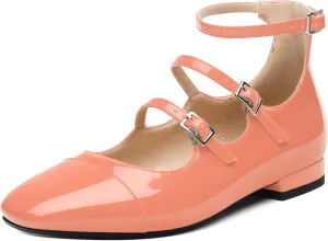 JUSTDANNI Flats for Women Mary Jane Shoes with Round Toe Low Chunky Block Heels Fashion Patent Ankle Strap Pumps for Wedding Party Dating Work