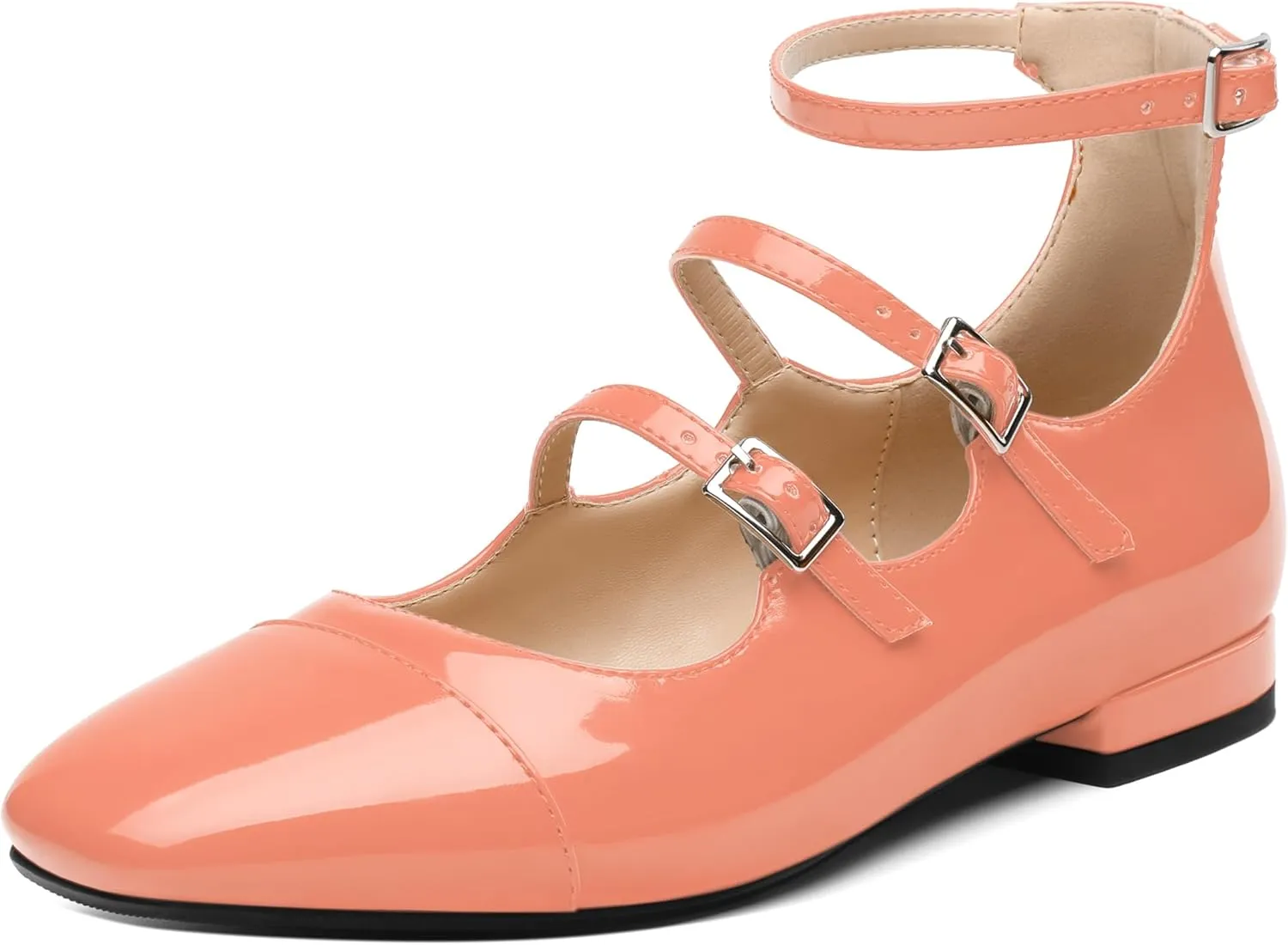 JUSTDANNI Flats for Women Mary Jane Shoes with Round Toe Low Chunky Block Heels Fashion Patent Ankle Strap Pumps for Wedding Party Dating Work