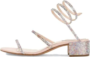 keleimusi Snake-Strap Block Heeled Sandals with Studded Crystal Embellished Spiral Strappy Heels