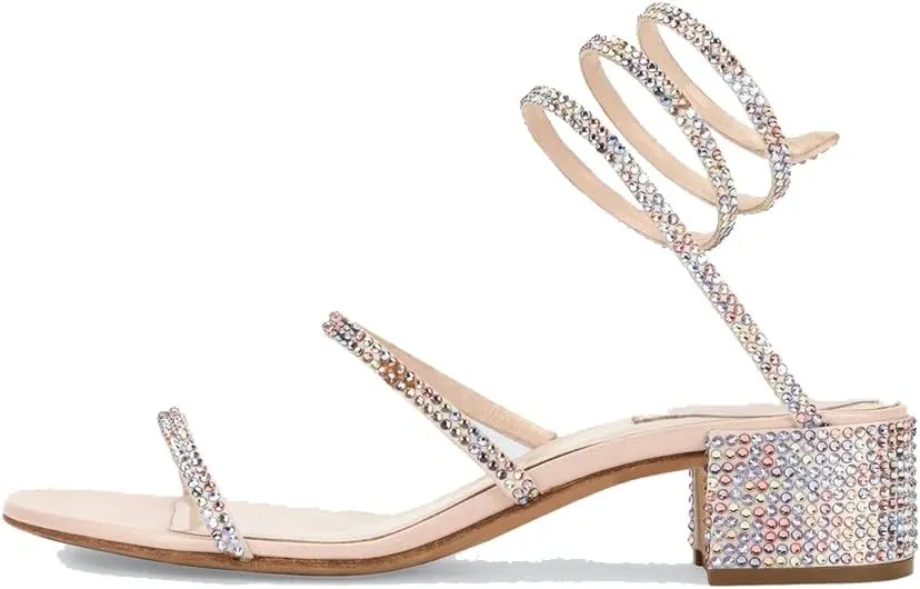 keleimusi Snake-Strap Block Heeled Sandals with Studded Crystal Embellished Spiral Strappy Heels