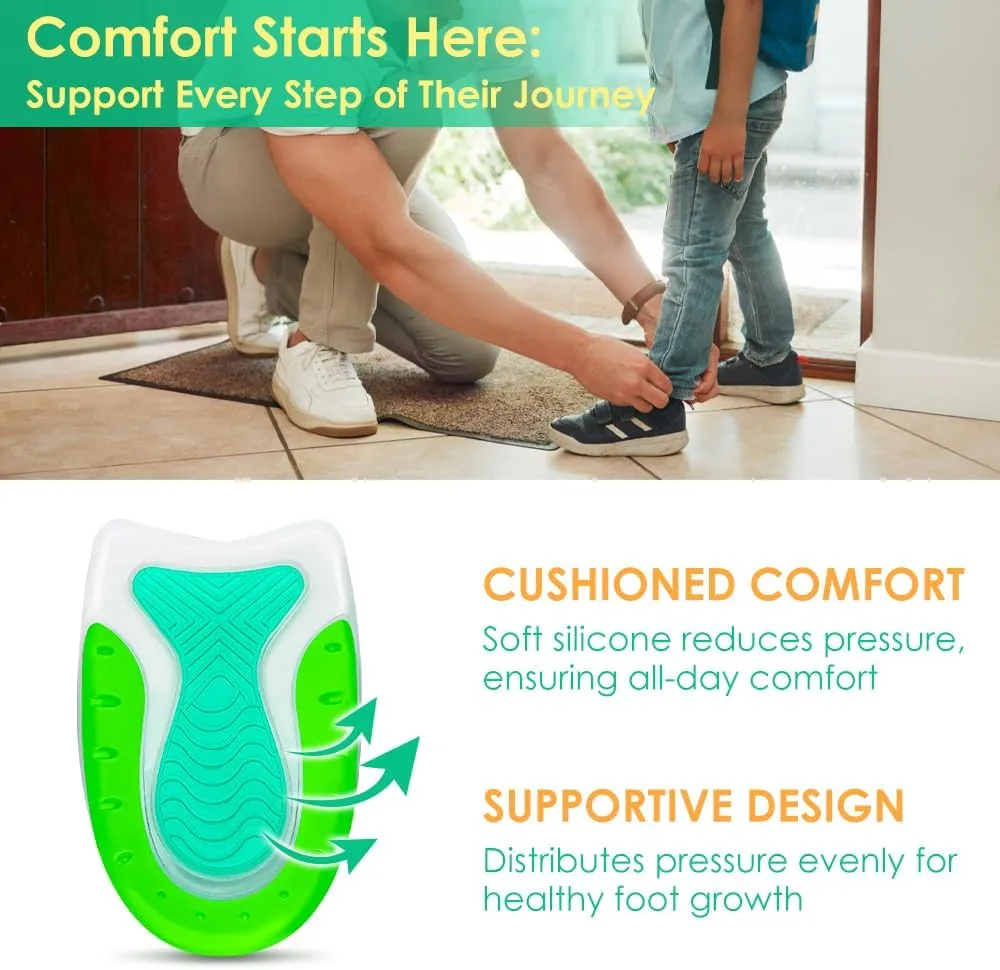 Kid’s Heel Cups - Soft Silicone Heel Inserts for Pain Relief and Comfort, Fits Shoes Size 3-7, Ideal for Plantar Fasciitis and Growing Feet (Green, 2 Pairs Kid's Size 3-7 / Women 4-8)