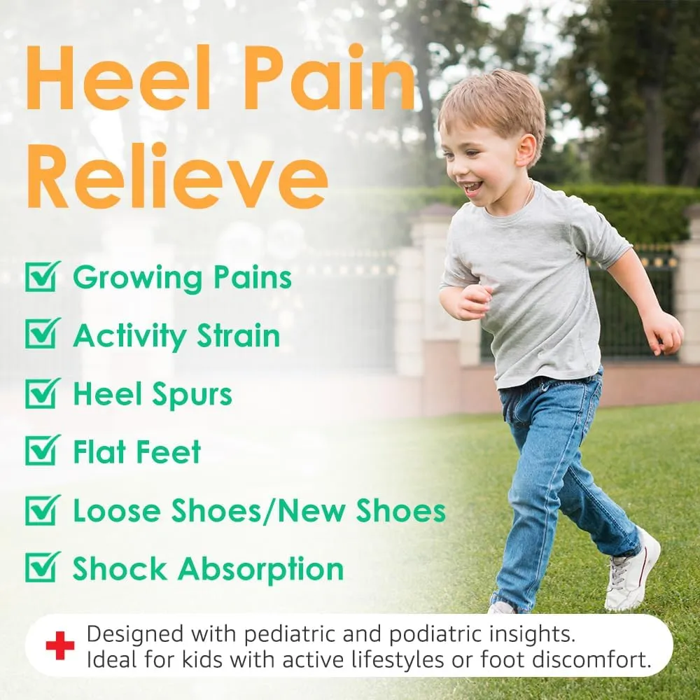 Kid’s Heel Cups - Soft Silicone Heel Inserts for Pain Relief and Comfort, Fits Shoes Size 3-7, Ideal for Plantar Fasciitis and Growing Feet (Green, 2 Pairs Kid's Size 3-7 / Women 4-8)