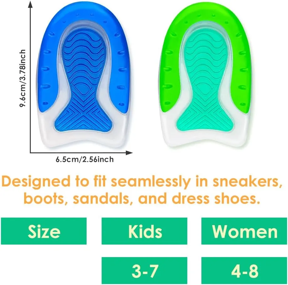 Kid’s Heel Cups - Soft Silicone Heel Inserts for Pain Relief and Comfort, Fits Shoes Size 3-7, Ideal for Plantar Fasciitis and Growing Feet (Green, 2 Pairs Kid's Size 3-7 / Women 4-8)