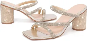 kkdom Women's Square Open Toe Glitter Chunky Heels Sandals Sparkle Bling Rhinestone Short Heels Mule Sandals Slip On Block Heels