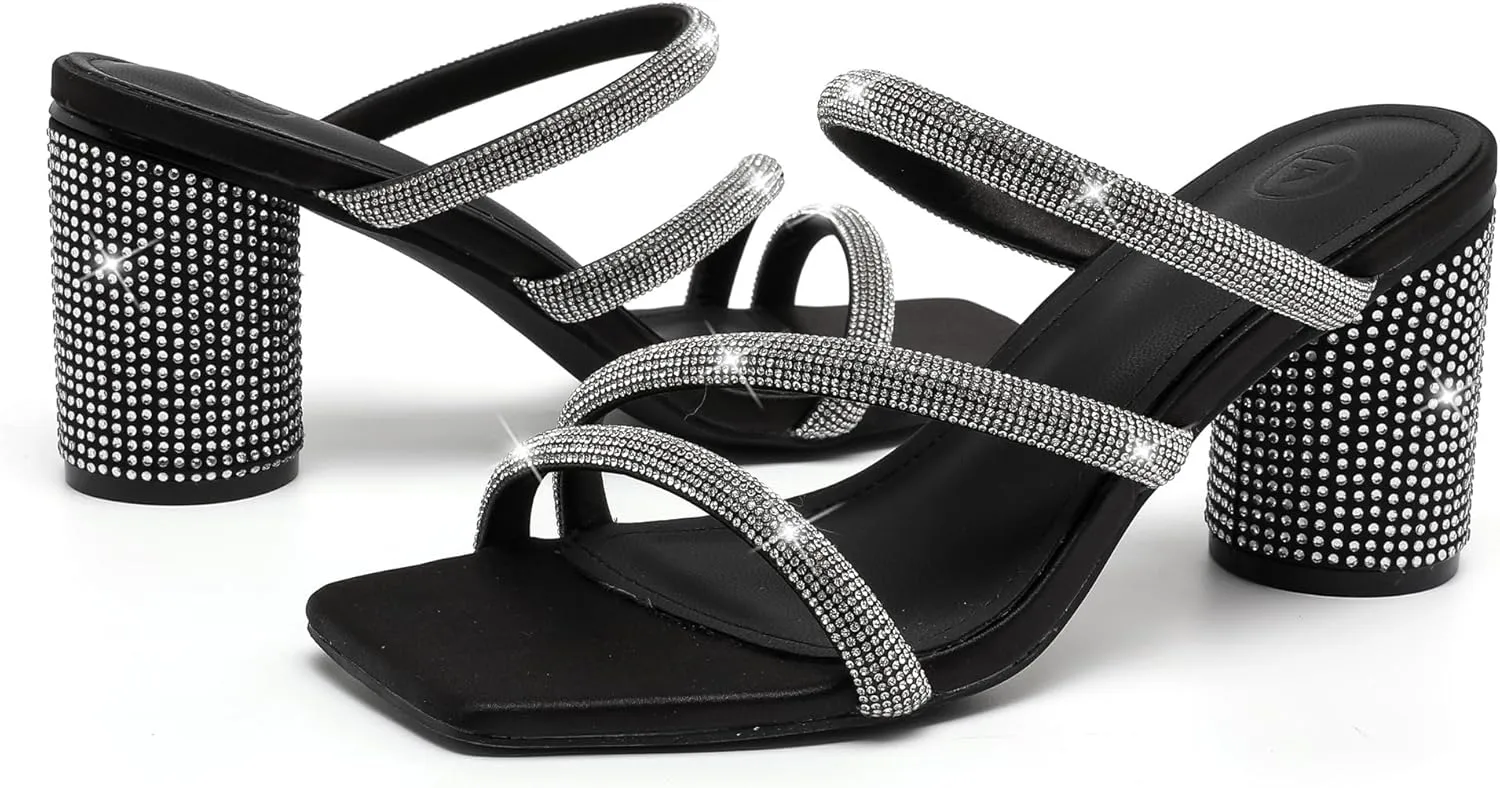 kkdom Women's Square Open Toe Glitter Chunky Heels Sandals Sparkle Bling Rhinestone Short Heels Mule Sandals Slip On Block Heels