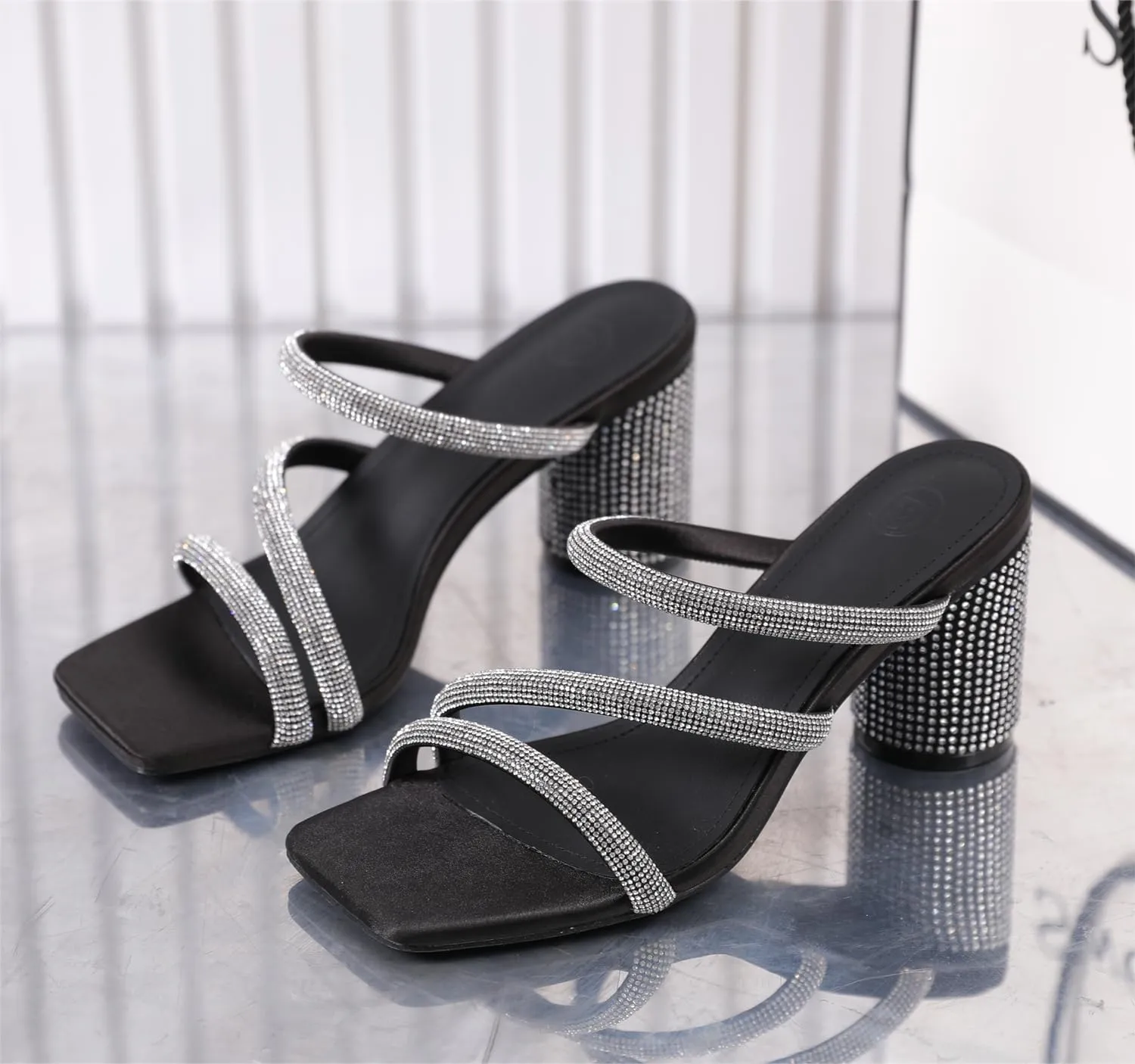 kkdom Women's Square Open Toe Glitter Chunky Heels Sandals Sparkle Bling Rhinestone Short Heels Mule Sandals Slip On Block Heels