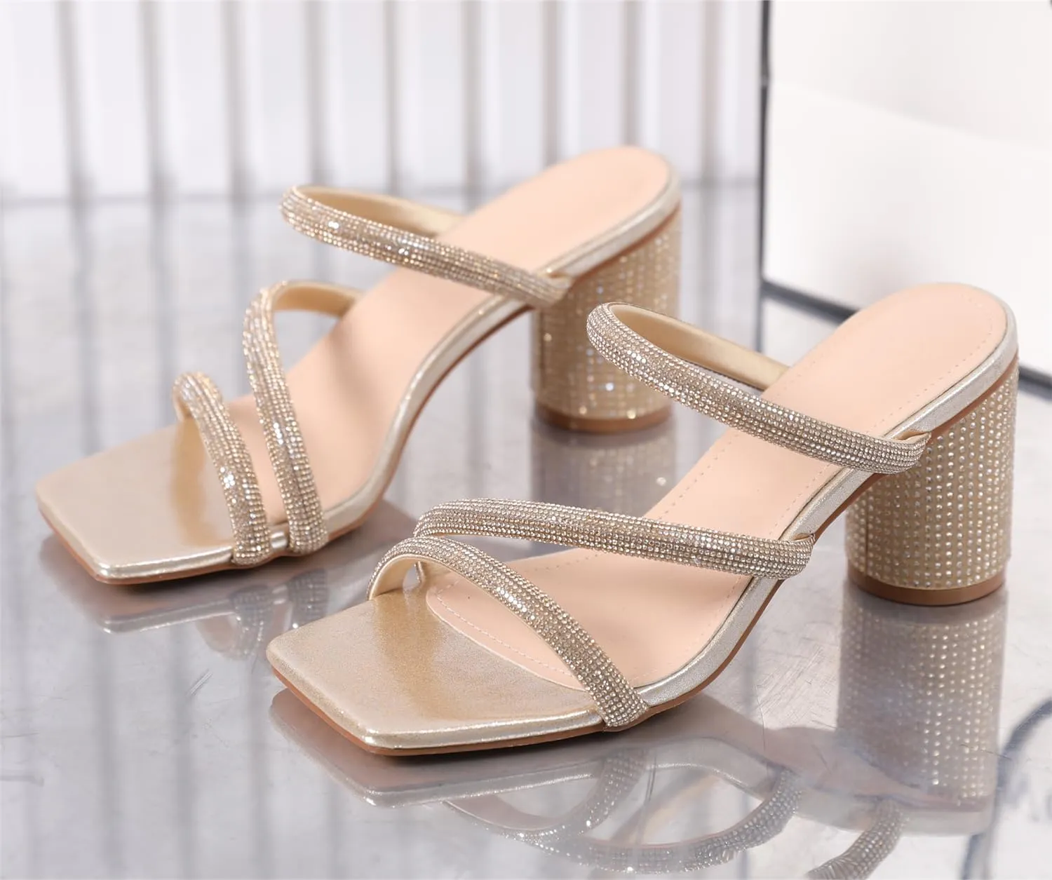 kkdom Women's Square Open Toe Glitter Chunky Heels Sandals Sparkle Bling Rhinestone Short Heels Mule Sandals Slip On Block Heels