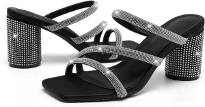 kkdom Women's Square Open Toe Glitter Chunky Heels Sandals Sparkle Bling Rhinestone Short Heels Mule Sandals Slip On Block Heels