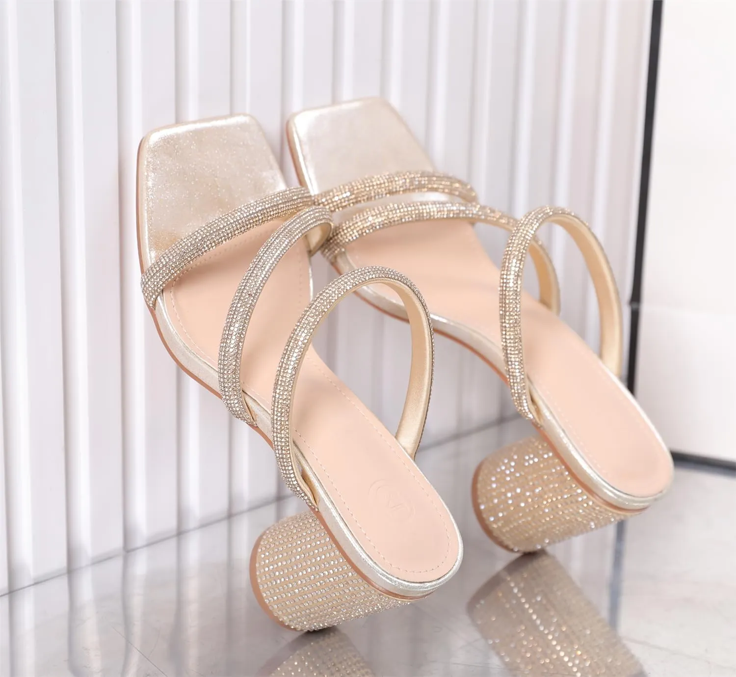kkdom Women's Square Open Toe Glitter Chunky Heels Sandals Sparkle Bling Rhinestone Short Heels Mule Sandals Slip On Block Heels