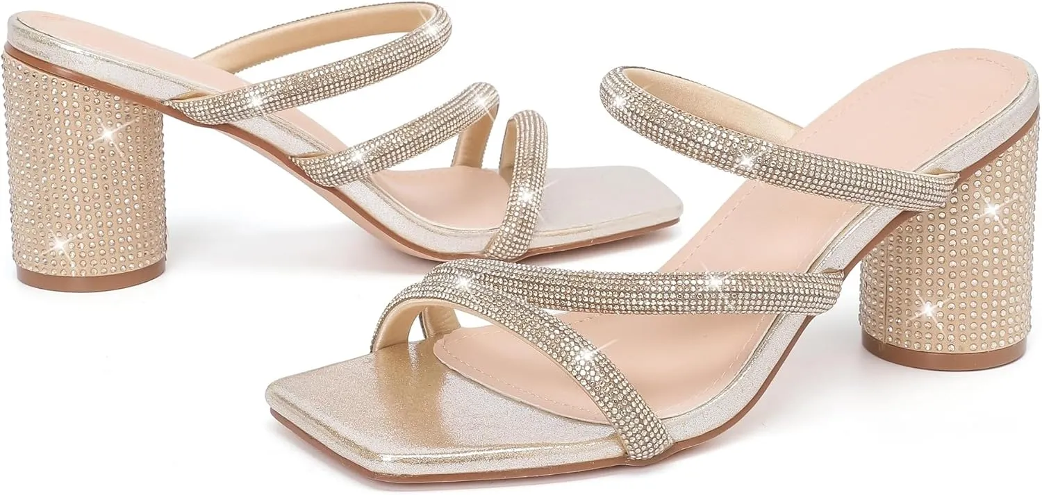 kkdom Women's Square Open Toe Glitter Chunky Heels Sandals Sparkle Bling Rhinestone Short Heels Mule Sandals Slip On Block Heels