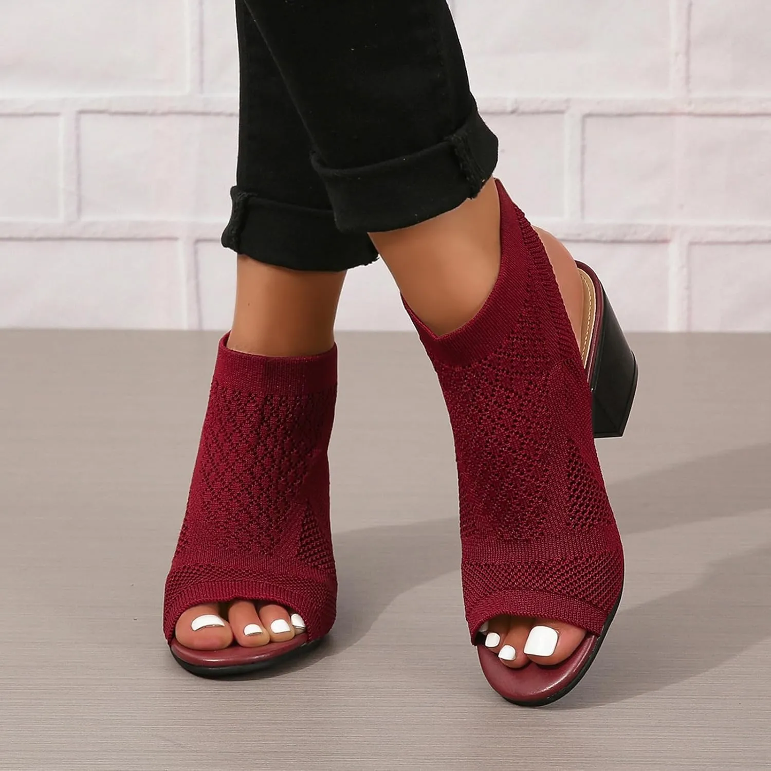 Knit Peep Toe Booties for Women Fashion Chunky Block Heel Cutout Sandals Slingback Mesh Breathable Dress Heeled Shoes
