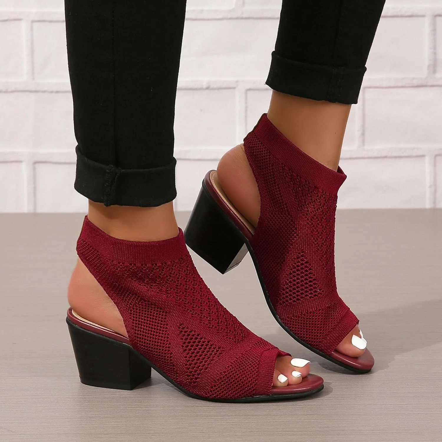 Knit Peep Toe Booties for Women Fashion Chunky Block Heel Cutout Sandals Slingback Mesh Breathable Dress Heeled Shoes