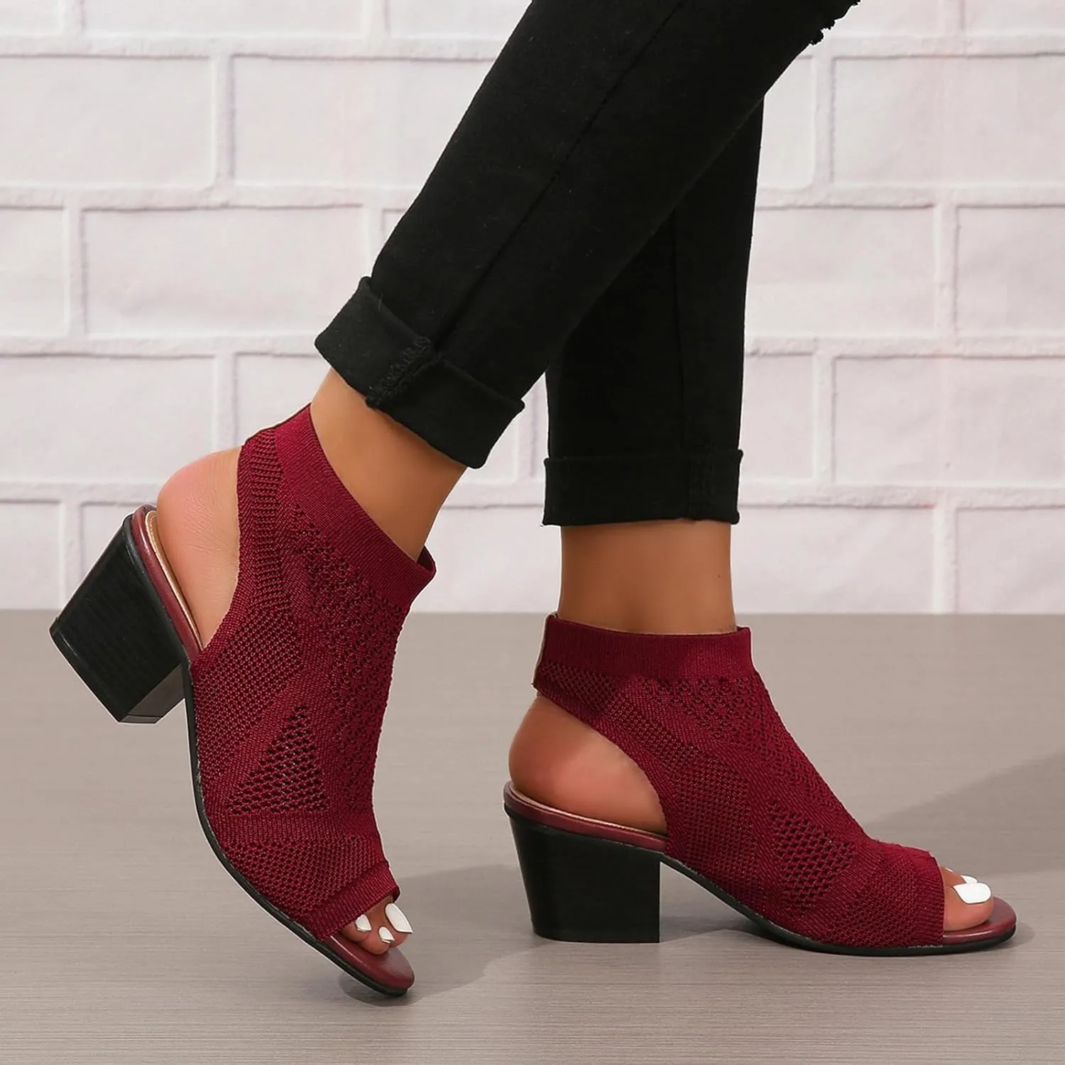 Knit Peep Toe Booties for Women Fashion Chunky Block Heel Cutout Sandals Slingback Mesh Breathable Dress Heeled Shoes