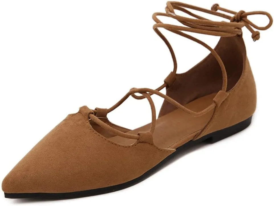KOKOMOMO Womens Faux Suede Lace Up Ballet Flats Pointed Toe Ballerina Shoes