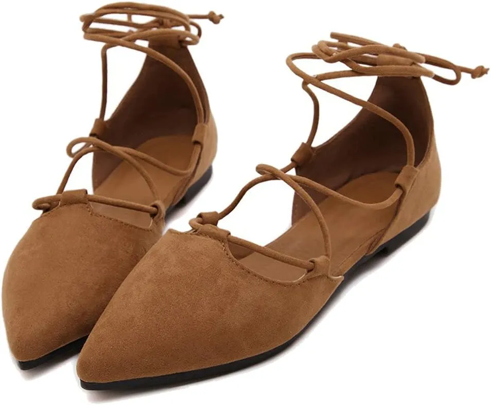 KOKOMOMO Womens Faux Suede Lace Up Ballet Flats Pointed Toe Ballerina Shoes