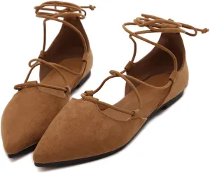 KOKOMOMO Womens Faux Suede Lace Up Ballet Flats Pointed Toe Ballerina Shoes