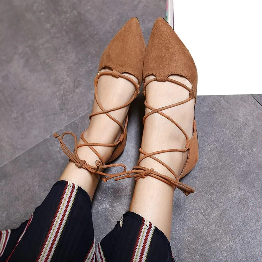 KOKOMOMO Womens Faux Suede Lace Up Ballet Flats Pointed Toe Ballerina Shoes