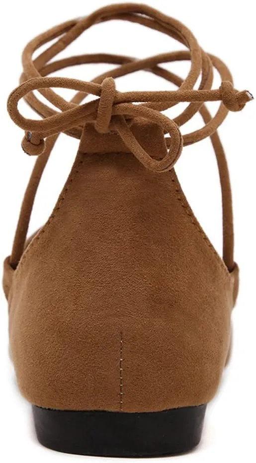 KOKOMOMO Womens Faux Suede Lace Up Ballet Flats Pointed Toe Ballerina Shoes