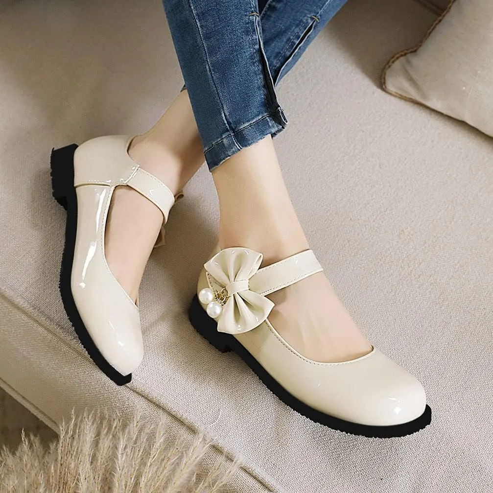 KOKOMOMO Womens Patent Leather Ballet Flats with Ankle Strap Bow Mary Janes