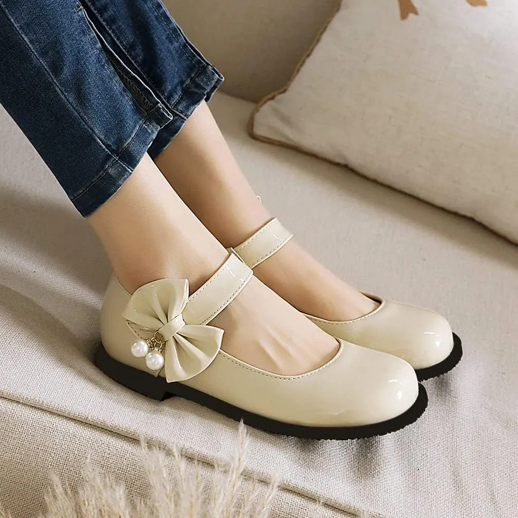 KOKOMOMO Womens Patent Leather Ballet Flats with Ankle Strap Bow Mary Janes
