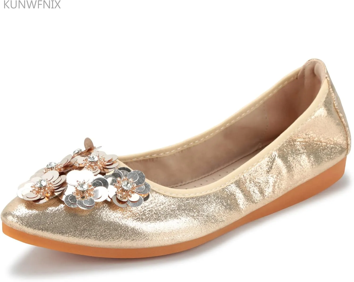 KUNWFNIX Women Ballet Flats Rhinestone Wedding Ballerina Shoes Foldable Sparkly Comfort Slip on Flat Shoes