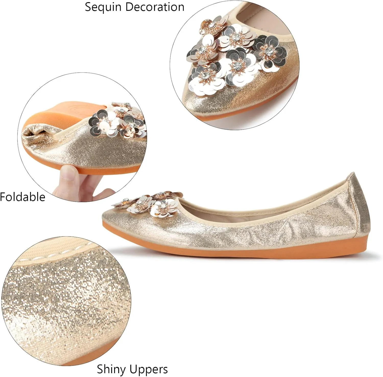 KUNWFNIX Women Ballet Flats Rhinestone Wedding Ballerina Shoes Foldable Sparkly Comfort Slip on Flat Shoes