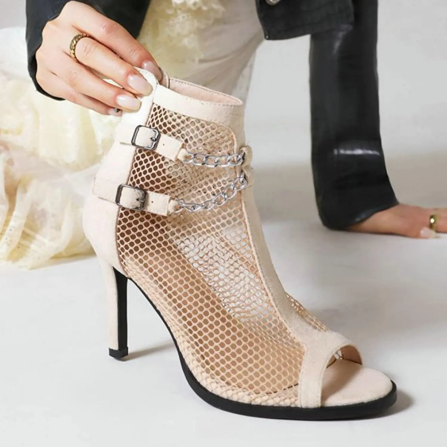 KysBloes Women Peep Toe Stiletto Booties High Heels Gladiator Sandals Cut Out Mesh Ankle Booties Back Zip Up Summer Sandals