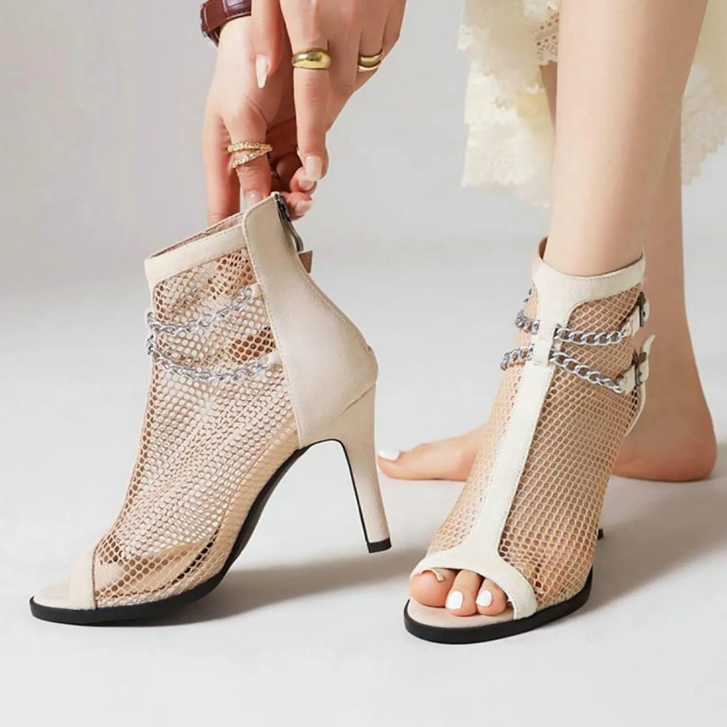 KysBloes Women Peep Toe Stiletto Booties High Heels Gladiator Sandals Cut Out Mesh Ankle Booties Back Zip Up Summer Sandals