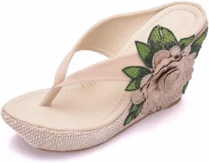 Ladies Flip Flop Sandals 9Cm Wedge Slippers Embroidered Flower Sandals Plus Size Platform Roman Sandals